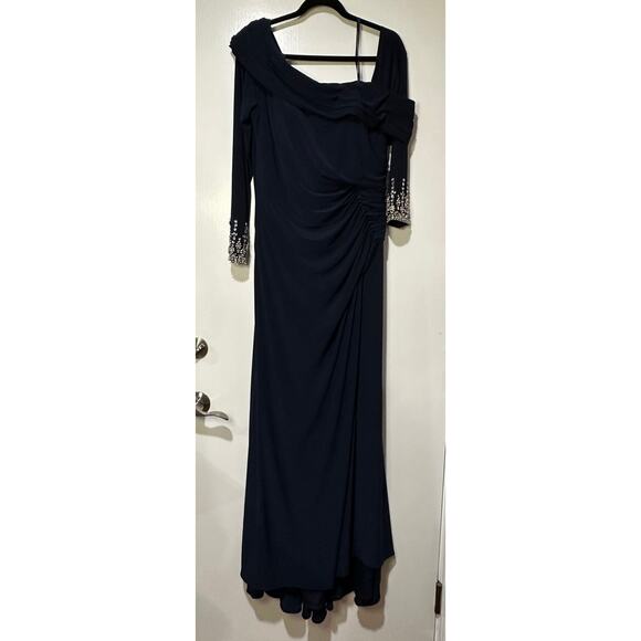 Mac Duggal Beaded Cuff Drop Shoulder Faux Wrap Long Navy Gown Size 14 NWT #12231 - Picture 2 of 15